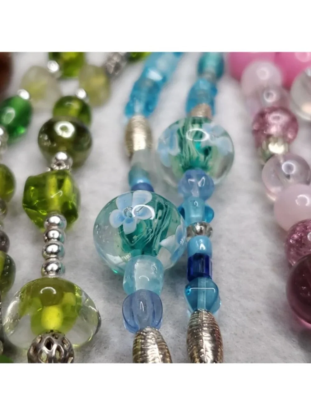Beaded Lanyard Necklace Badge ID Holder Pink Blue Green Brown Glass Lot Of 4